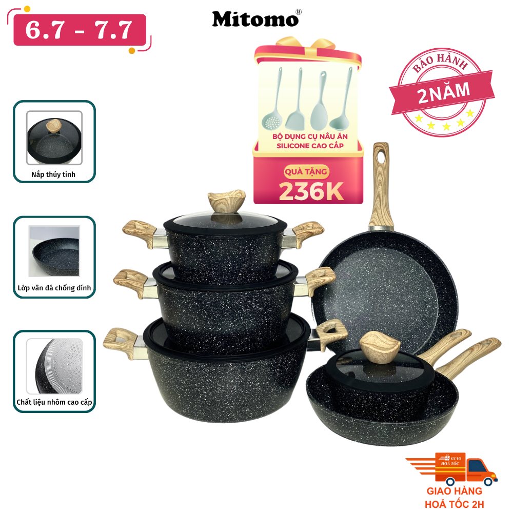 Bộ nồi chảo vân đá 6 món chống dính cao cấp Mitomo Queen Time Màu Đen