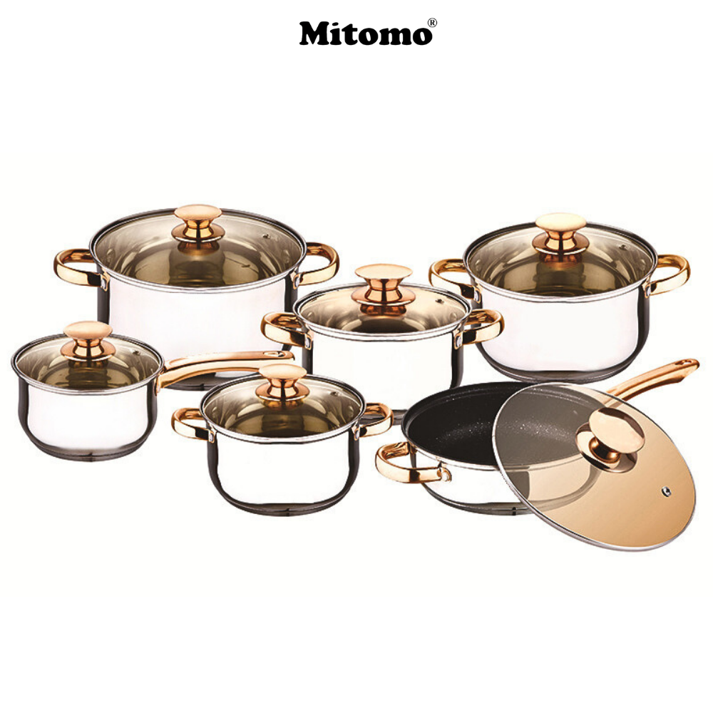 Bộ nồi inox 6 món cao cấp Mitomo Kaisa Villa KV001 Nắp Trắng - Đáy 5 Lớp Nguyên Khối