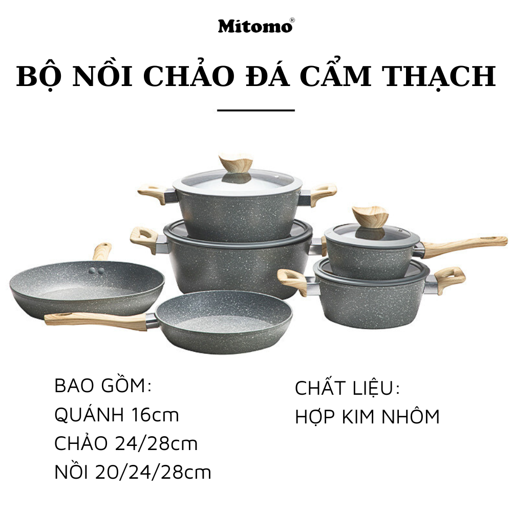 Bộ nồi chảo chống dính vân đá 6 món cao cấp Mitomo Queen Time