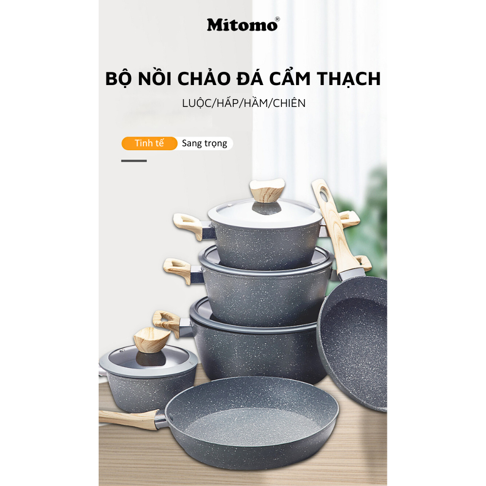 Bộ nồi chảo chống dính vân đá 6 món cao cấp Mitomo Queen Time