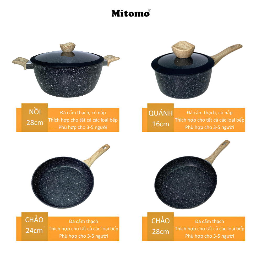 Bộ nồi chảo vân đá 6 món chống dính cao cấp Mitomo Queen Time Màu Đen