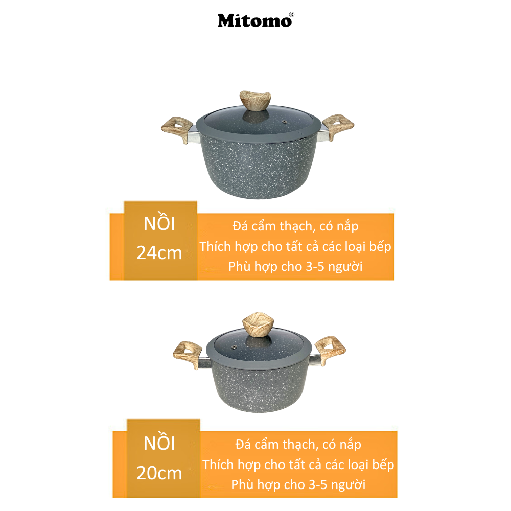 Bộ nồi chảo chống dính vân đá 6 món cao cấp Mitomo Queen Time
