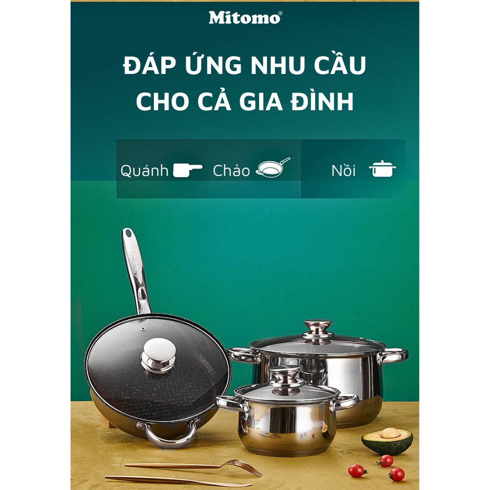 Bộ nồi inox 6 món cao cấp Mitomo Kaisa Villa KV001 Nắp Vàng - Đáy 5 Lớp Nguyên Khối