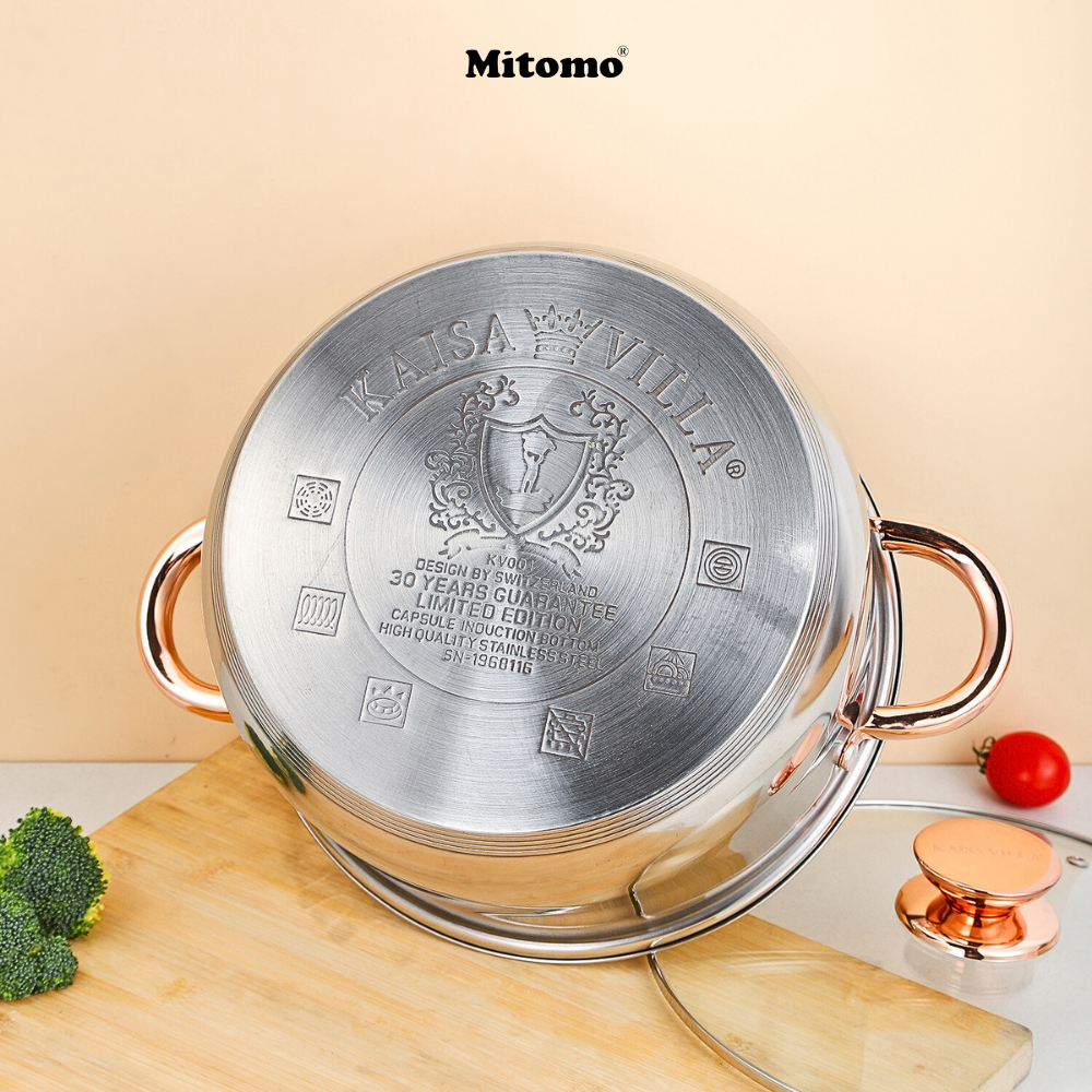 Bộ nồi inox 6 món cao cấp Mitomo Kaisa Villa KV001 Nắp Trắng - Đáy 5 Lớp Nguyên Khối