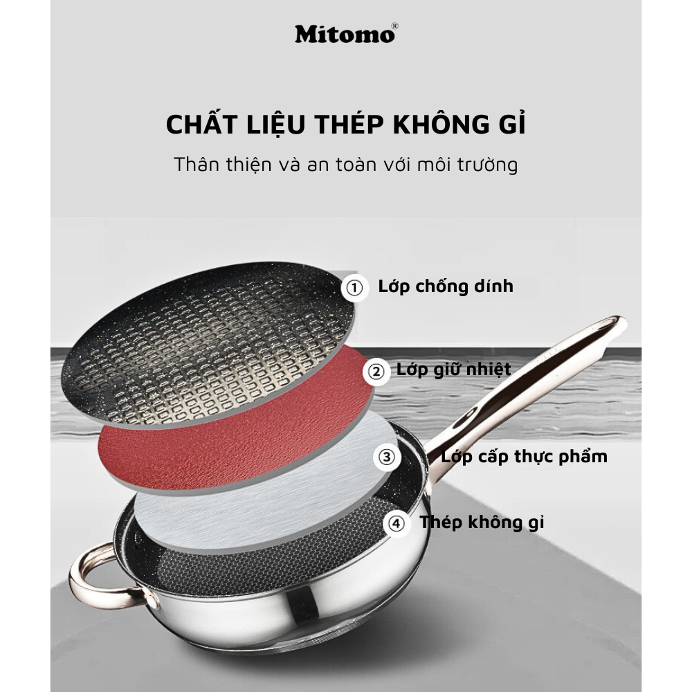 Bộ nồi inox 6 món cao cấp Mitomo Kaisa Villa KV001 Nắp Vàng - Đáy 5 Lớp Nguyên Khối