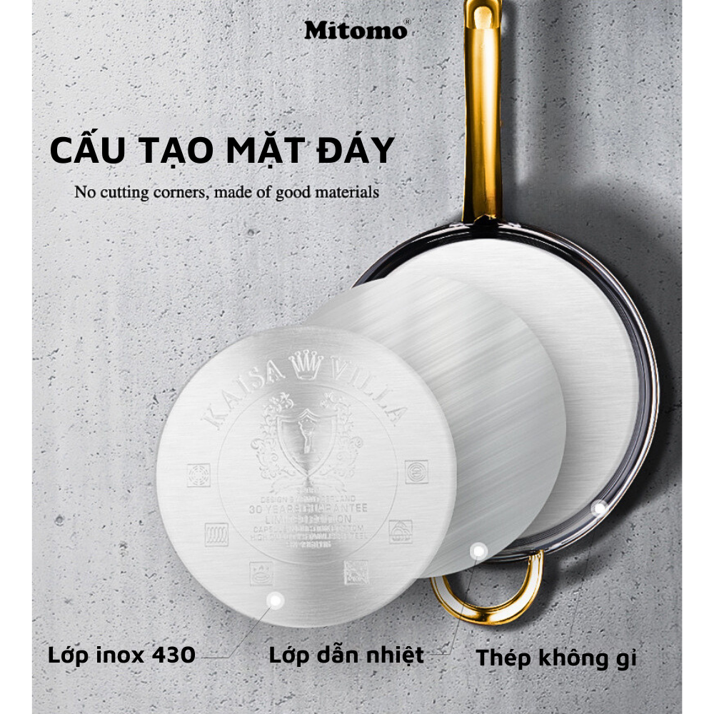 Bộ nồi inox 6 món cao cấp Mitomo Kaisa Villa KV001 Nắp Vàng - Đáy 5 Lớp Nguyên Khối