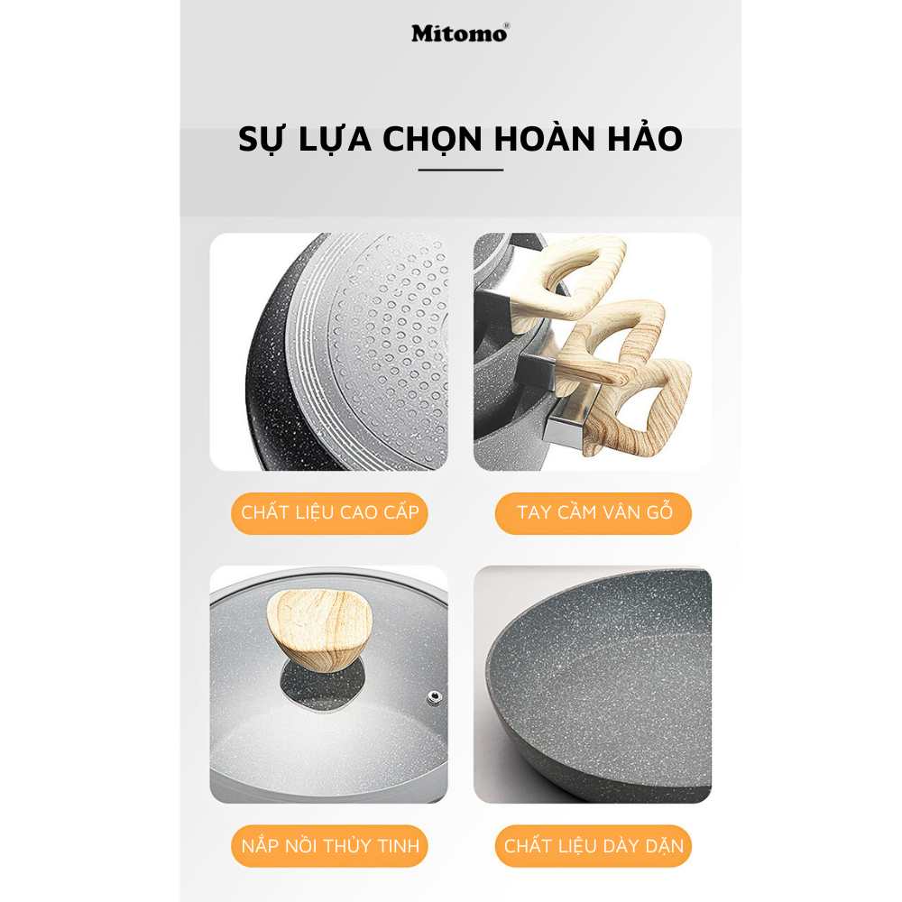 Bộ nồi chảo vân đá 6 món chống dính cao cấp Mitomo Queen Time Màu Đen
