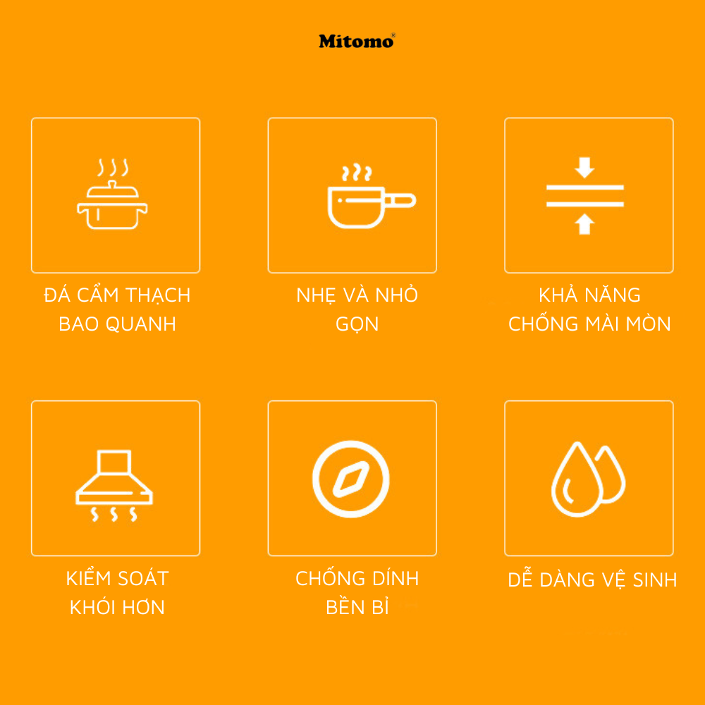 Bộ nồi chảo vân đá 6 món chống dính cao cấp Mitomo Queen Time Màu Đen