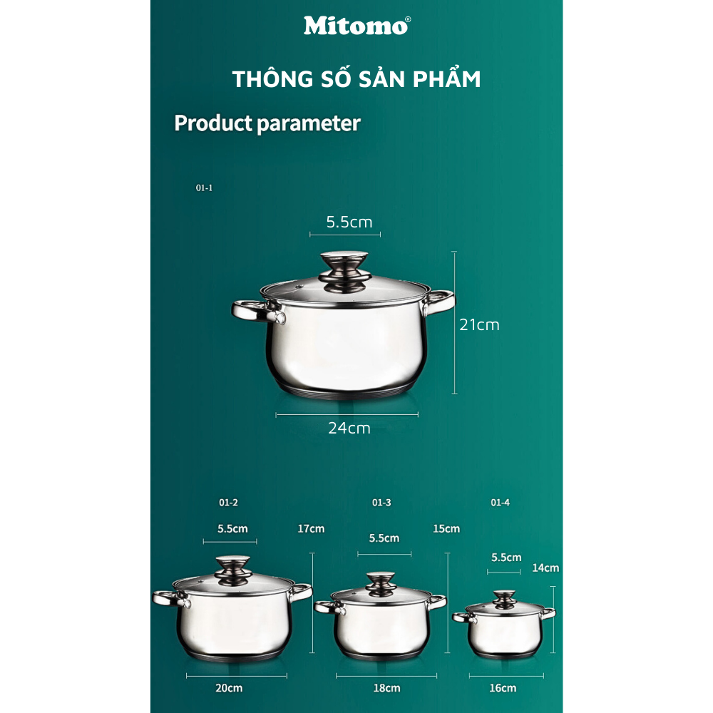 Bộ nồi inox 6 món cao cấp Mitomo Kaisa Villa KV001 Nắp Trắng - Đáy 5 Lớp Nguyên Khối