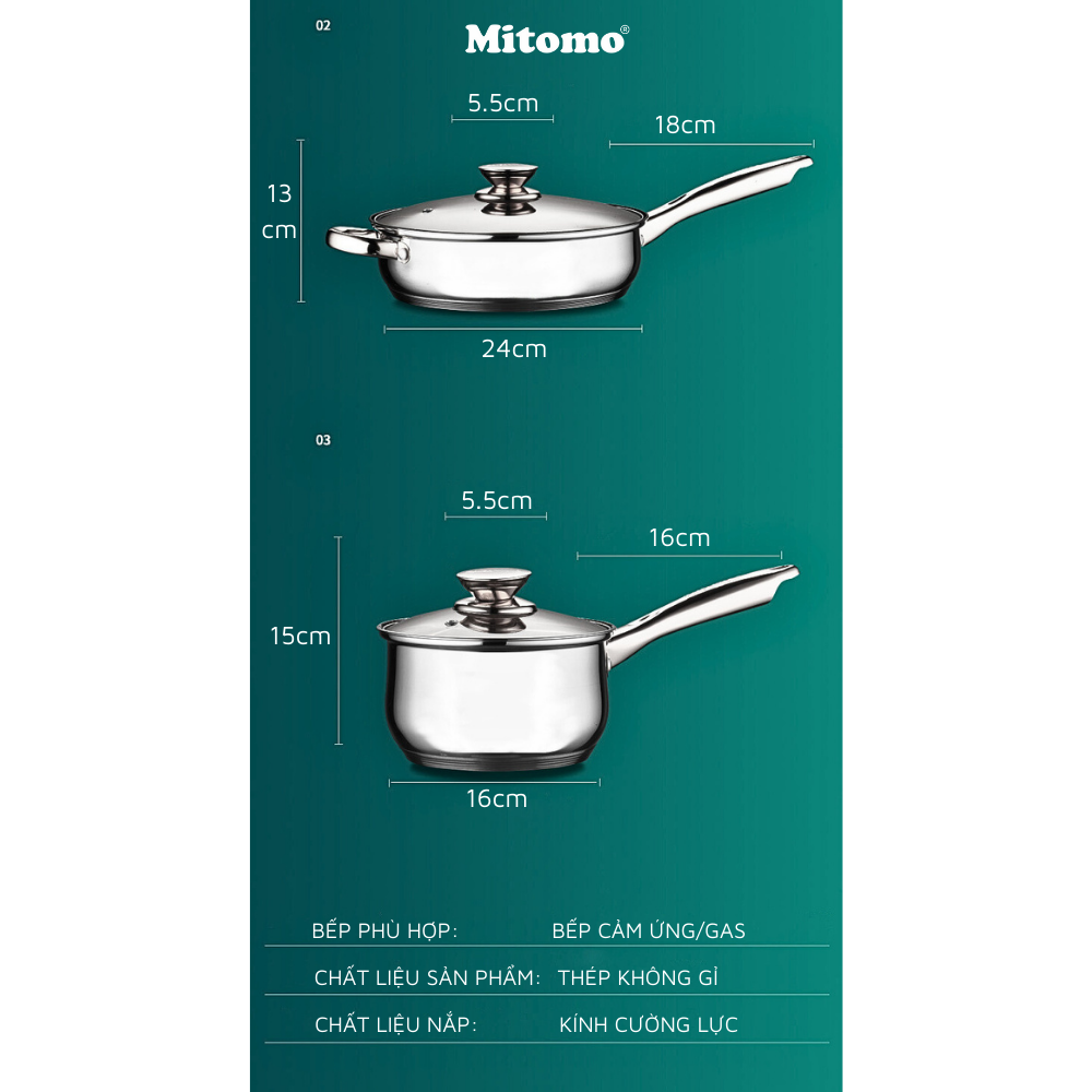 Bộ nồi inox 6 món cao cấp Mitomo Kaisa Villa KV001 Nắp Trắng - Đáy 5 Lớp Nguyên Khối