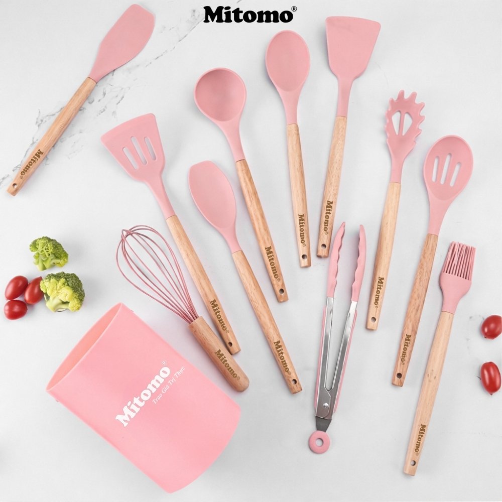 Bộ Dụng Cụ Nấu Ăn Silicone Cán Gỗ Tự Nhiên 12 Món Mitomo - An Toàn, Chịu Nhiệt Cao