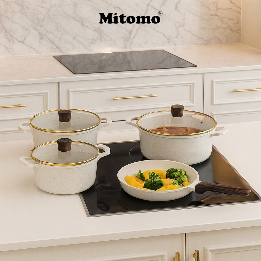 Bộ nồi chảo đá gốm cao cấp Mitomo DSP CA018-S02-Beige