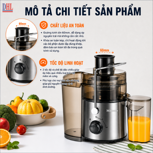 MÁY ÉP HOA QUẢ MITOMO KJ-3090, Công suất 700W ép nhanh, Lưỡi dao inox sắc bén, 2 chế độ ép linh hoạt