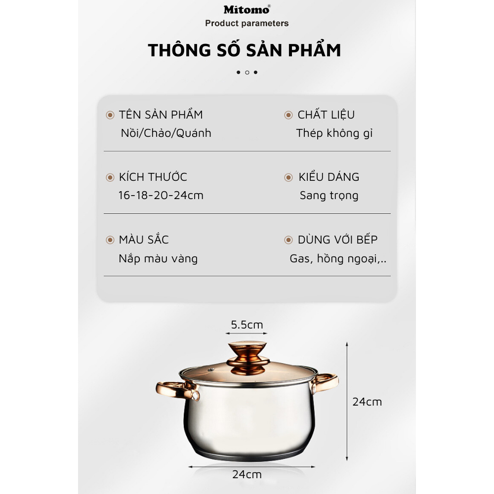 Bộ nồi inox 6 món cao cấp Mitomo Kaisa Villa KV001 Nắp Trắng - Đáy 5 Lớp Nguyên Khối