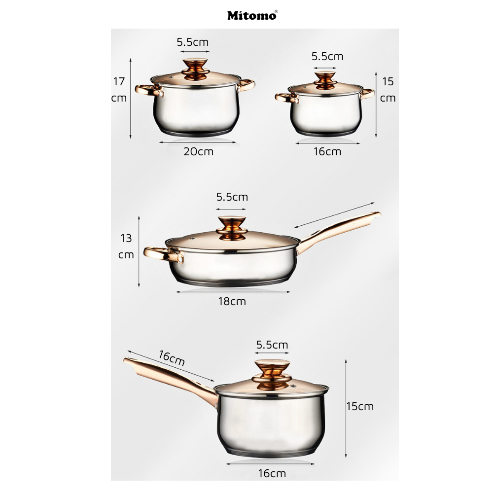 Bộ nồi inox 6 món cao cấp Mitomo Kaisa Villa KV001 Nắp Trắng - Đáy 5 Lớp Nguyên Khối