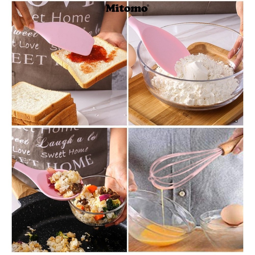Bộ Dụng Cụ Nấu Ăn Silicone Cán Gỗ Tự Nhiên 12 Món Mitomo - An Toàn, Chịu Nhiệt Cao