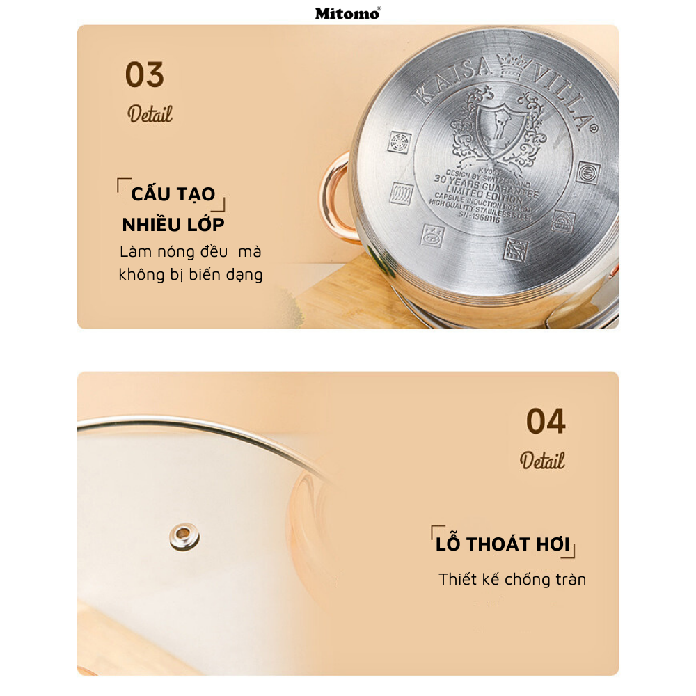 Bộ nồi inox 6 món cao cấp Mitomo Kaisa Villa KV001 Nắp Trắng - Đáy 5 Lớp Nguyên Khối