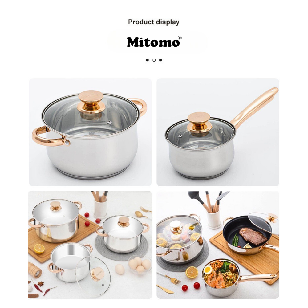 Bộ nồi inox 6 món cao cấp Mitomo Kaisa Villa KV001 Nắp Trắng - Đáy 5 Lớp Nguyên Khối