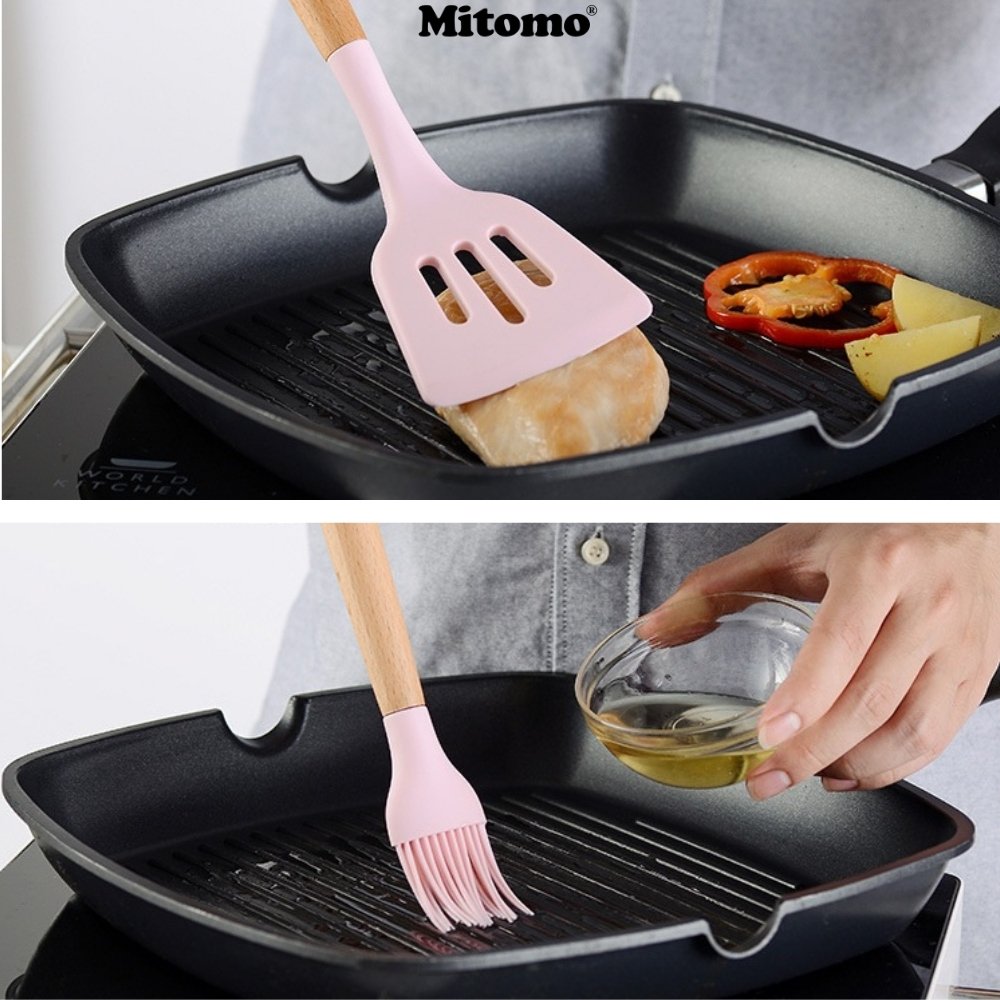 Bộ Dụng Cụ Nấu Ăn Silicone Cán Gỗ Tự Nhiên 12 Món Mitomo - An Toàn, Chịu Nhiệt Cao