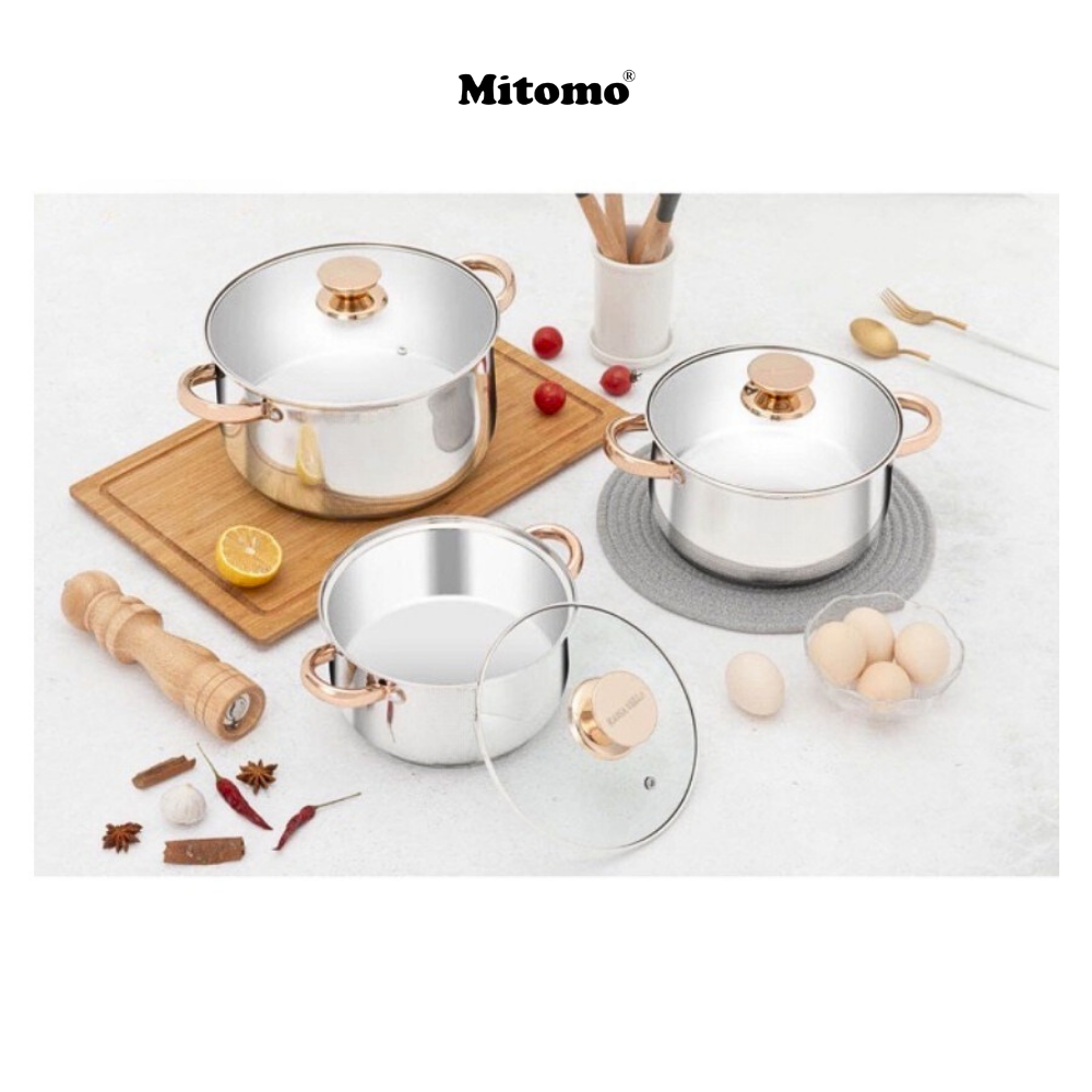 Bộ nồi inox 6 món cao cấp Mitomo Kaisa Villa KV001 Nắp Trắng - Đáy 5 Lớp Nguyên Khối