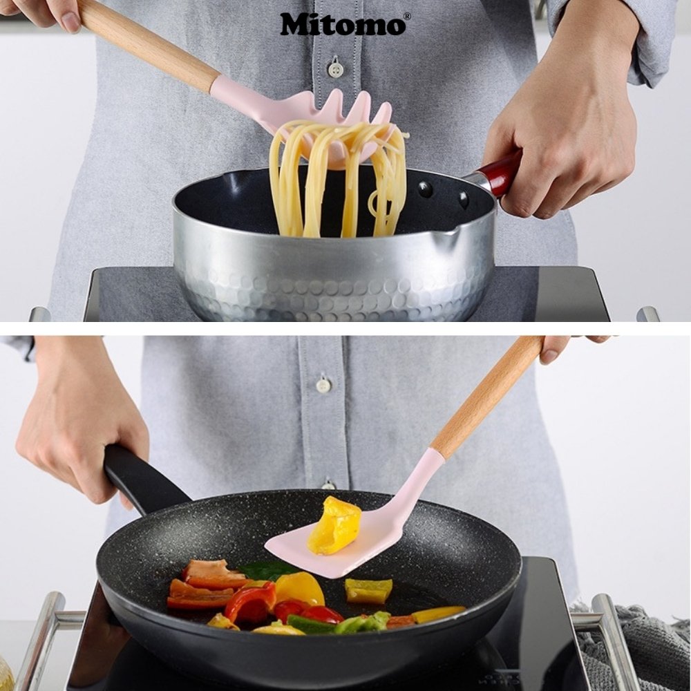 Bộ Dụng Cụ Nấu Ăn Silicone Cán Gỗ Tự Nhiên 12 Món Mitomo - An Toàn, Chịu Nhiệt Cao