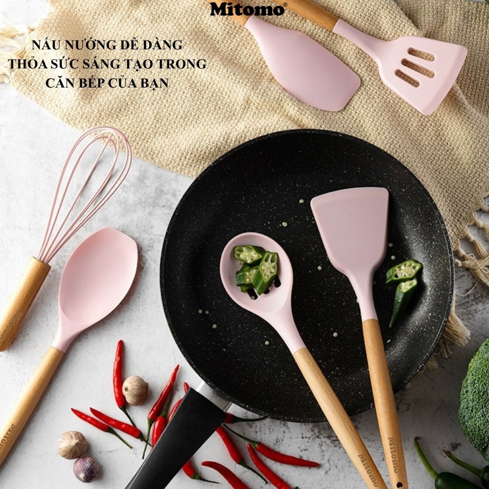 Bộ Dụng Cụ Nấu Ăn Silicone Cán Gỗ Tự Nhiên 12 Món Mitomo - An Toàn, Chịu Nhiệt Cao