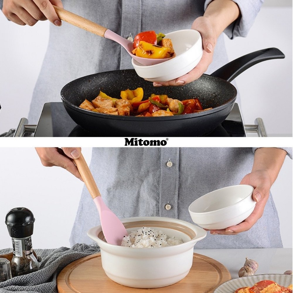 Bộ Dụng Cụ Nấu Ăn Silicone Cán Gỗ Tự Nhiên 12 Món Mitomo - An Toàn, Chịu Nhiệt Cao