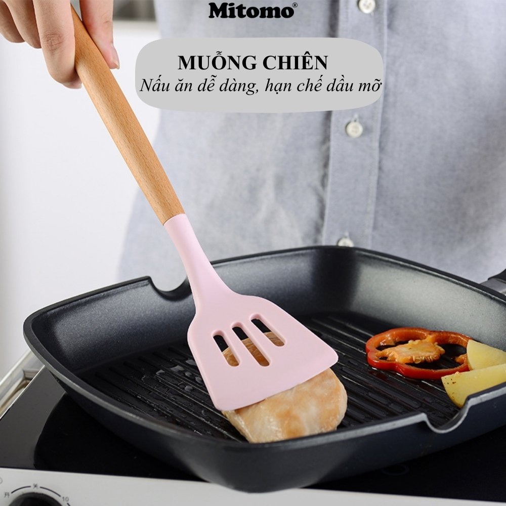 Bộ Dụng Cụ Nấu Ăn Silicone Cán Gỗ Tự Nhiên 12 Món Mitomo - An Toàn, Chịu Nhiệt Cao