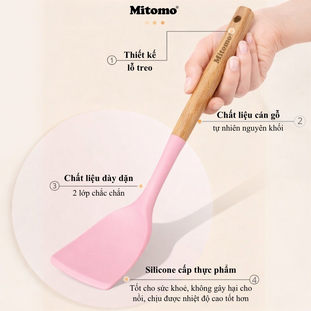 Bộ Dụng Cụ Nấu Ăn Silicone Cán Gỗ Tự Nhiên 12 Món Mitomo - An Toàn, Chịu Nhiệt Cao