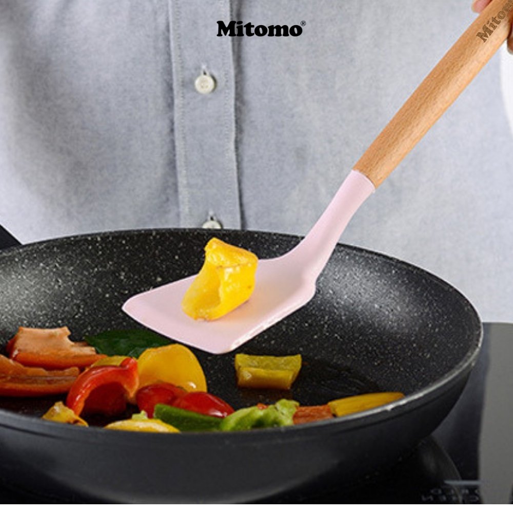 Bộ Dụng Cụ Nấu Ăn Silicone Cán Gỗ Tự Nhiên 12 Món Mitomo - An Toàn, Chịu Nhiệt Cao