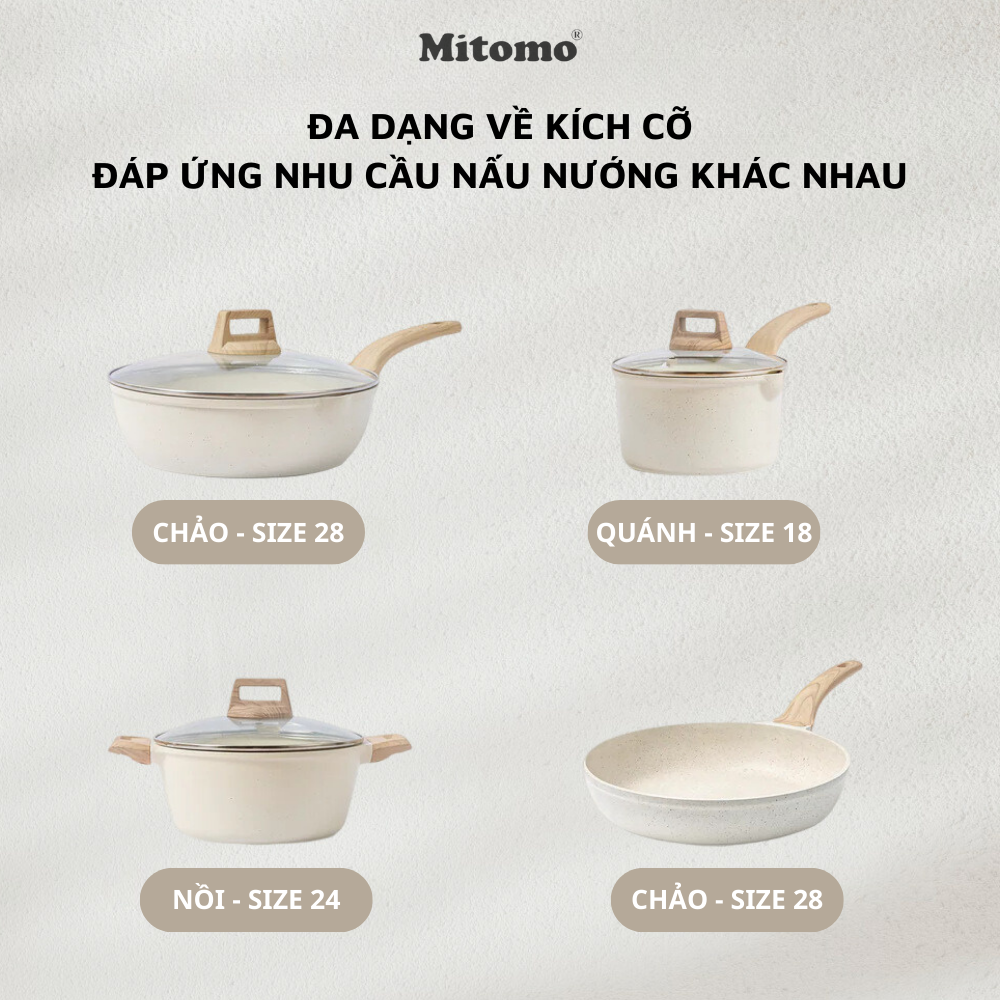 Bộ nồi chảo vân đá 4 món chống dính cao cấp Mitomo Granite