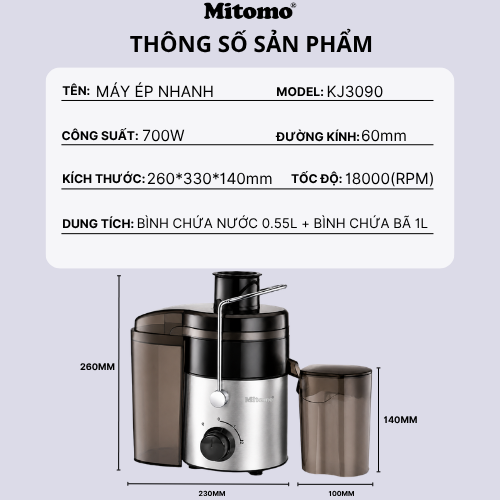 MÁY ÉP HOA QUẢ MITOMO KJ-3090, Công suất 700W ép nhanh, Lưỡi dao inox sắc bén, 2 chế độ ép linh hoạt