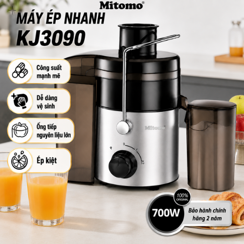 MÁY ÉP HOA QUẢ MITOMO KJ-3090, Công suất 700W ép nhanh, Lưỡi dao inox sắc bén, 2 chế độ ép linh hoạt
