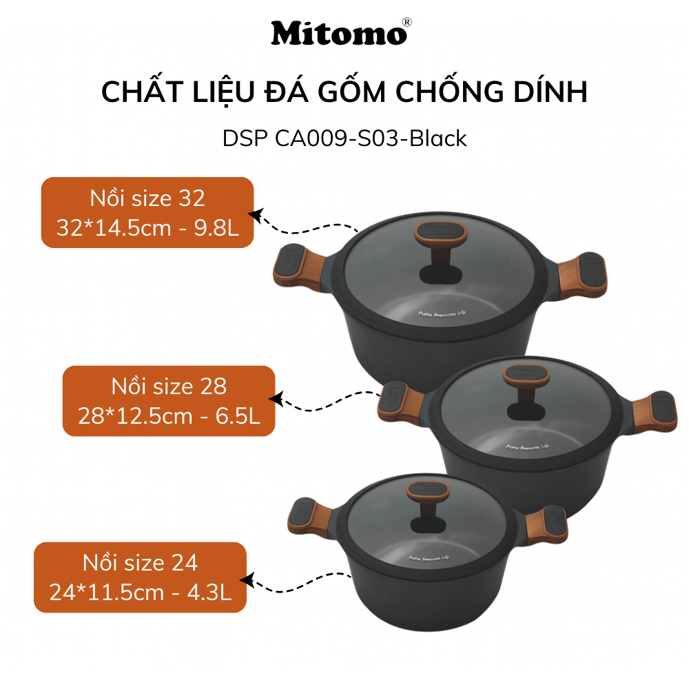 Bộ nồi đá gốm cao cấp Mitomo DSP CA009-S03-Black
