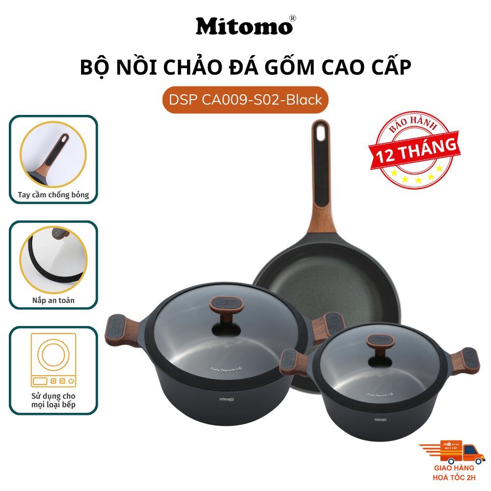 Bộ nồi chảo đá gốm cao cấp Mitomo DSP CA009-S02-Black