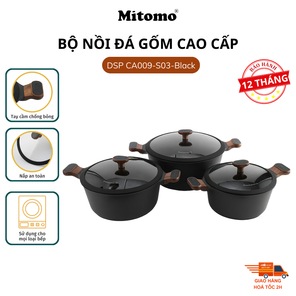 Bộ nồi đá gốm cao cấp Mitomo DSP CA009-S03-Black