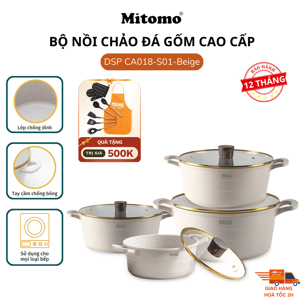Bộ nồi đá gốm cao cấp Mitomo DSP CA018-S01-Beige