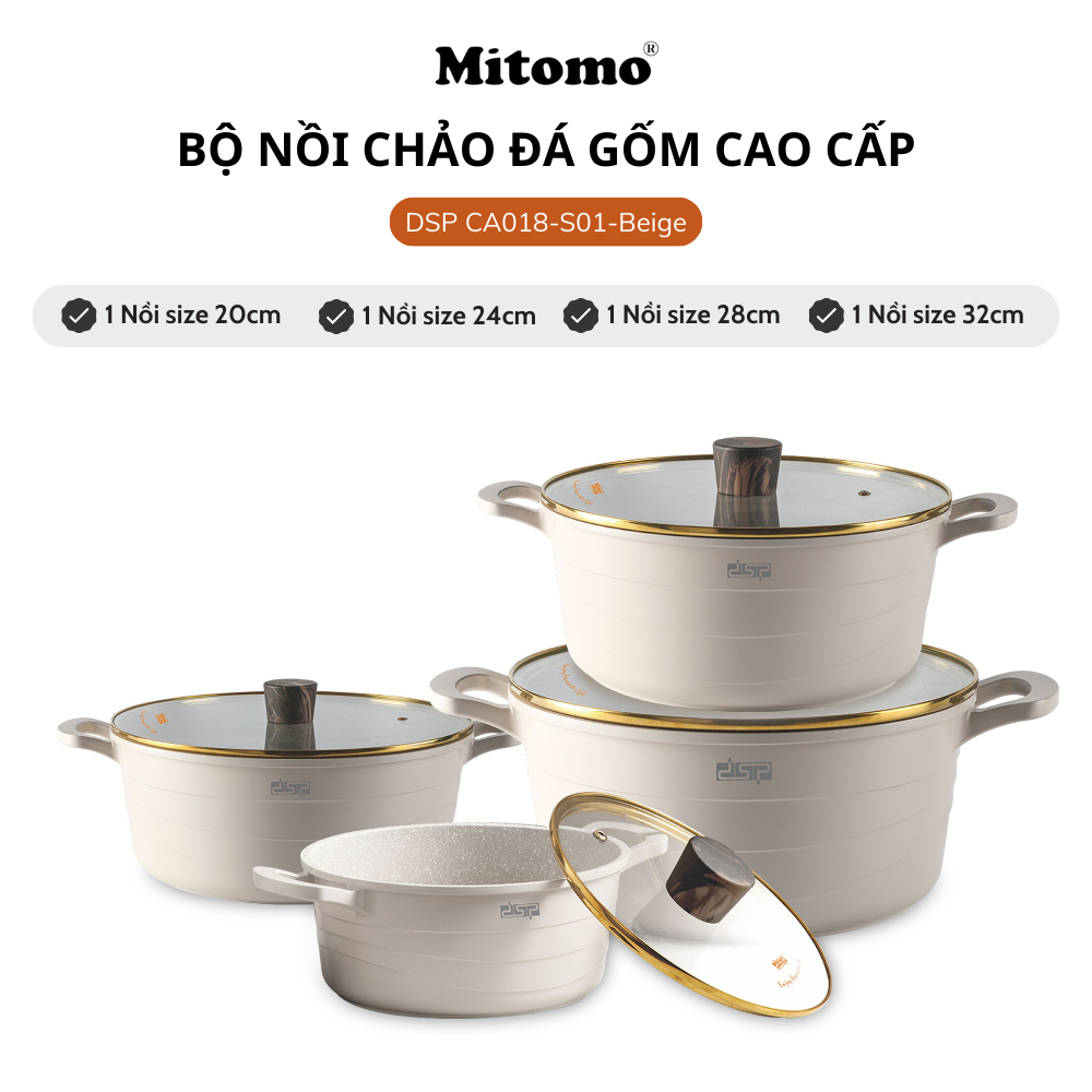 Bộ nồi đá gốm cao cấp Mitomo DSP CA018-S01-Beige