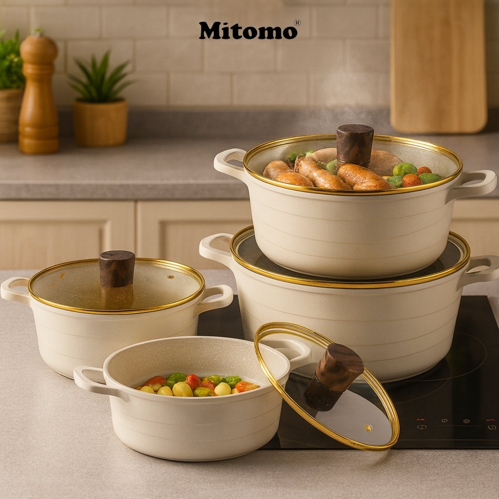 Bộ nồi đá gốm cao cấp Mitomo DSP CA018-S01-Beige