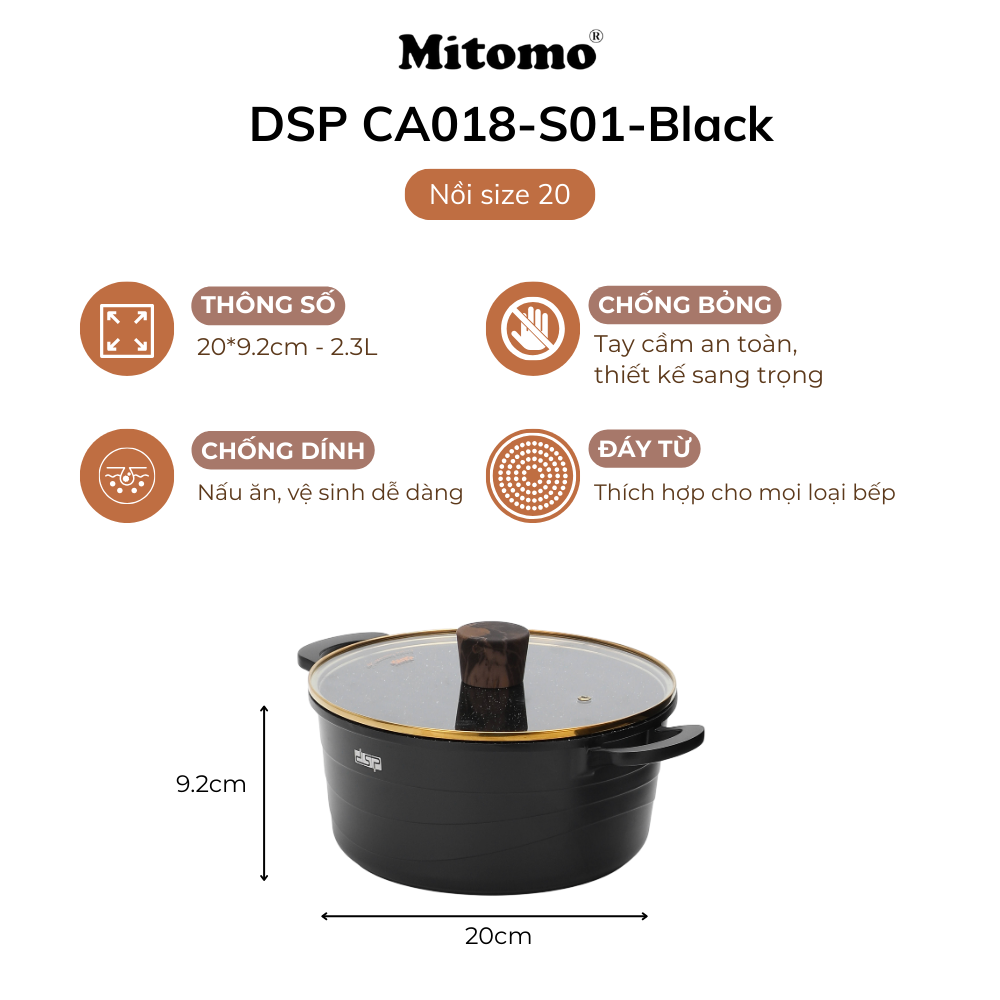 Bộ nồi đá gốm cao cấp Mitomo DSP CA018-S01-Black