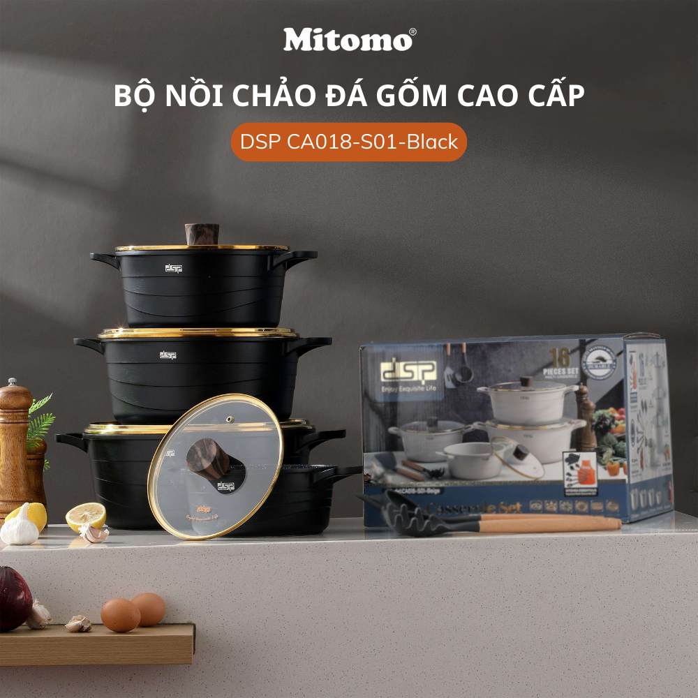 Bộ nồi đá gốm cao cấp Mitomo DSP CA018-S01-Black