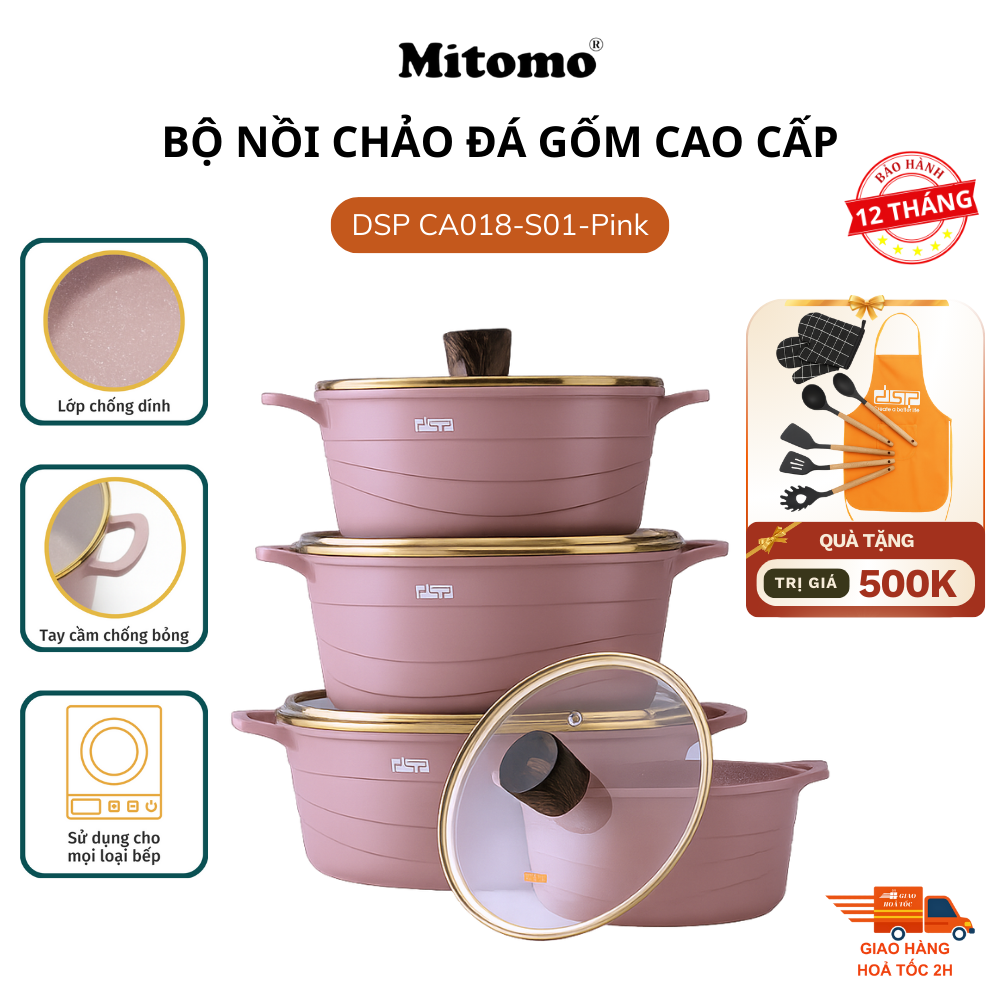 Bộ nồi đá gốm cao cấp Mitomo DSP CA018-S01-Pink