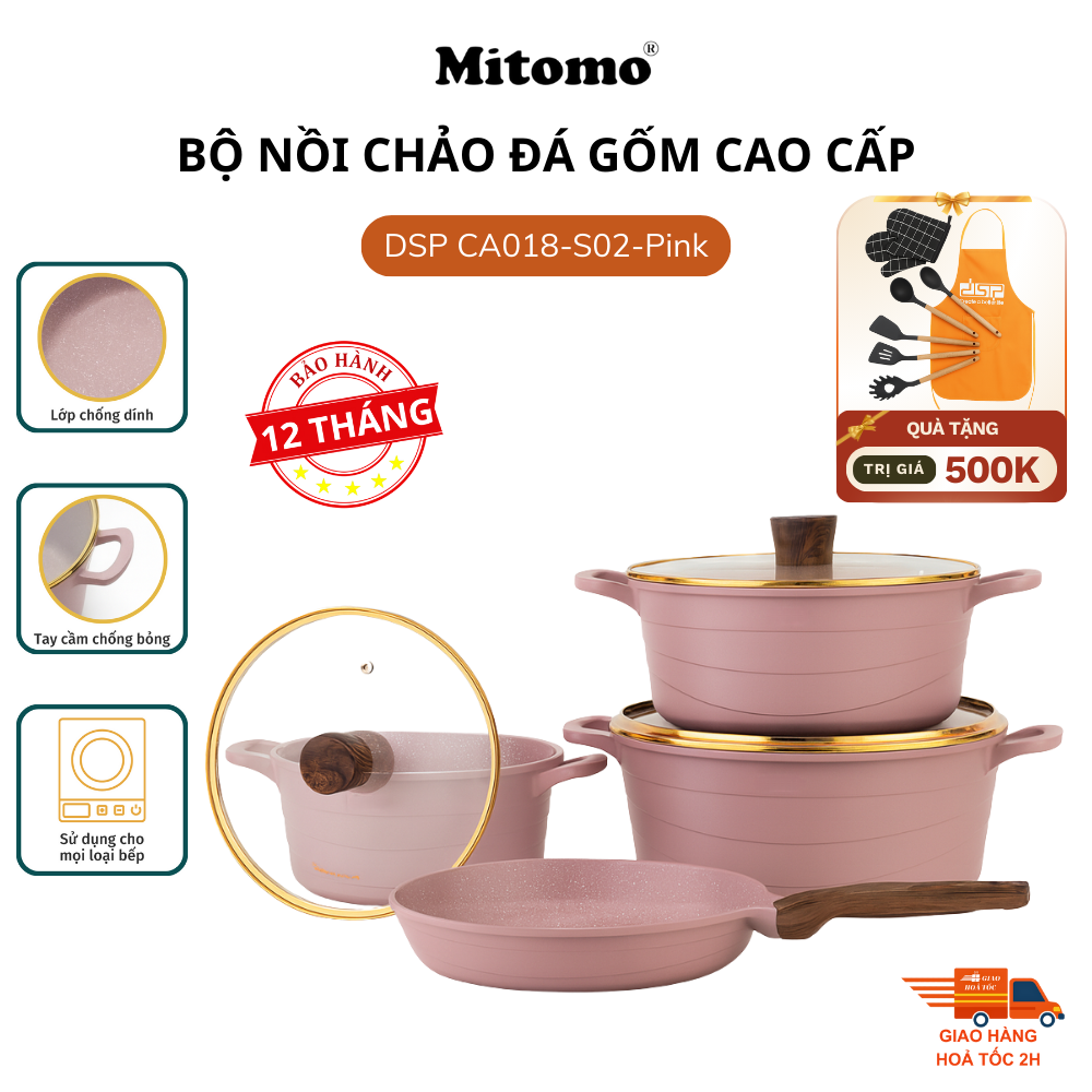 Bộ nồi chảo đá gốm cao cấp Mitomo DSP CA018-S02-Pink