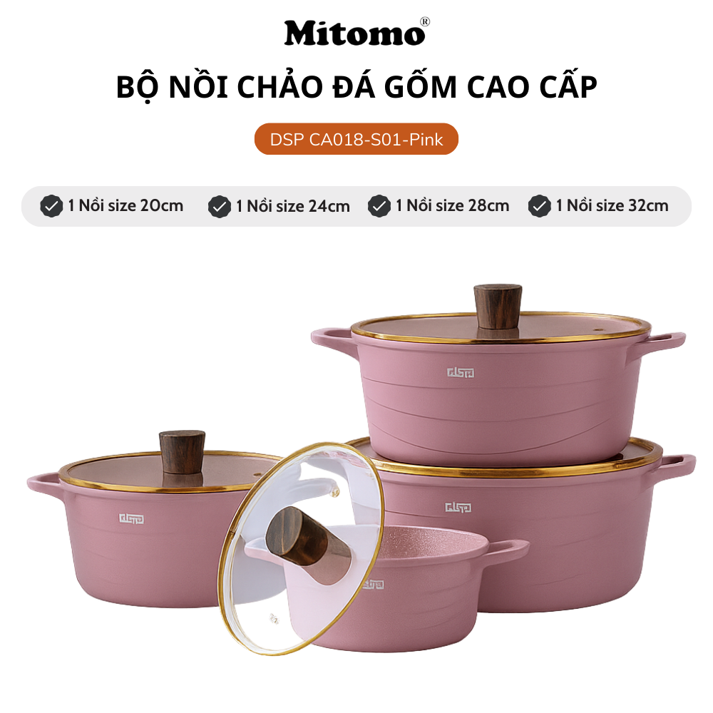 Bộ nồi đá gốm cao cấp Mitomo DSP CA018-S01-Pink