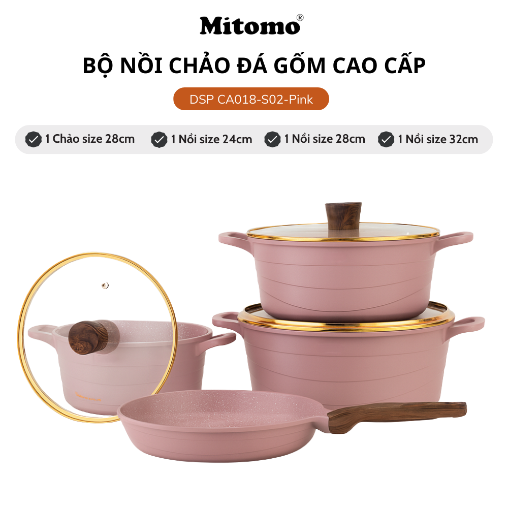 Bộ nồi chảo đá gốm cao cấp Mitomo DSP CA018-S02-Pink