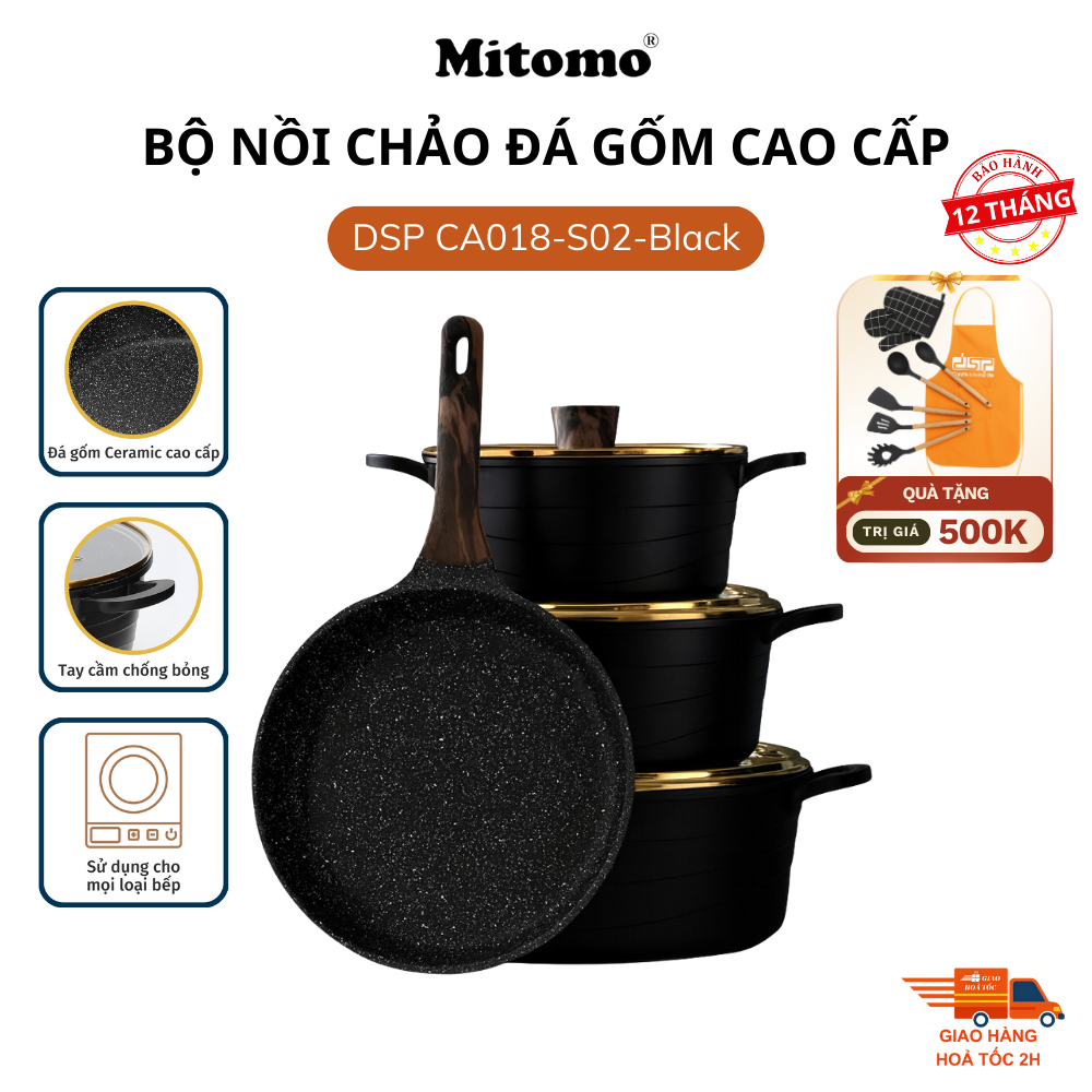 Bộ nồi chảo đá gốm cao cấp Mitomo DSP CA018-S02-Black
