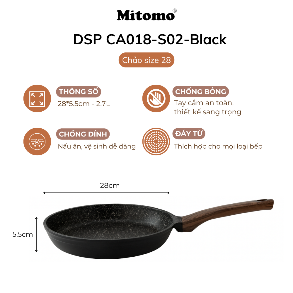 Bộ nồi chảo đá gốm cao cấp Mitomo DSP CA018-S02-Black