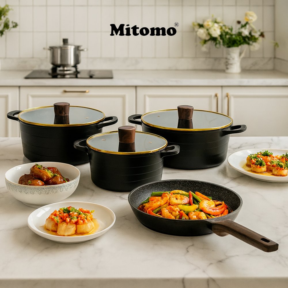 Bộ nồi chảo đá gốm cao cấp Mitomo DSP CA018-S02-Black