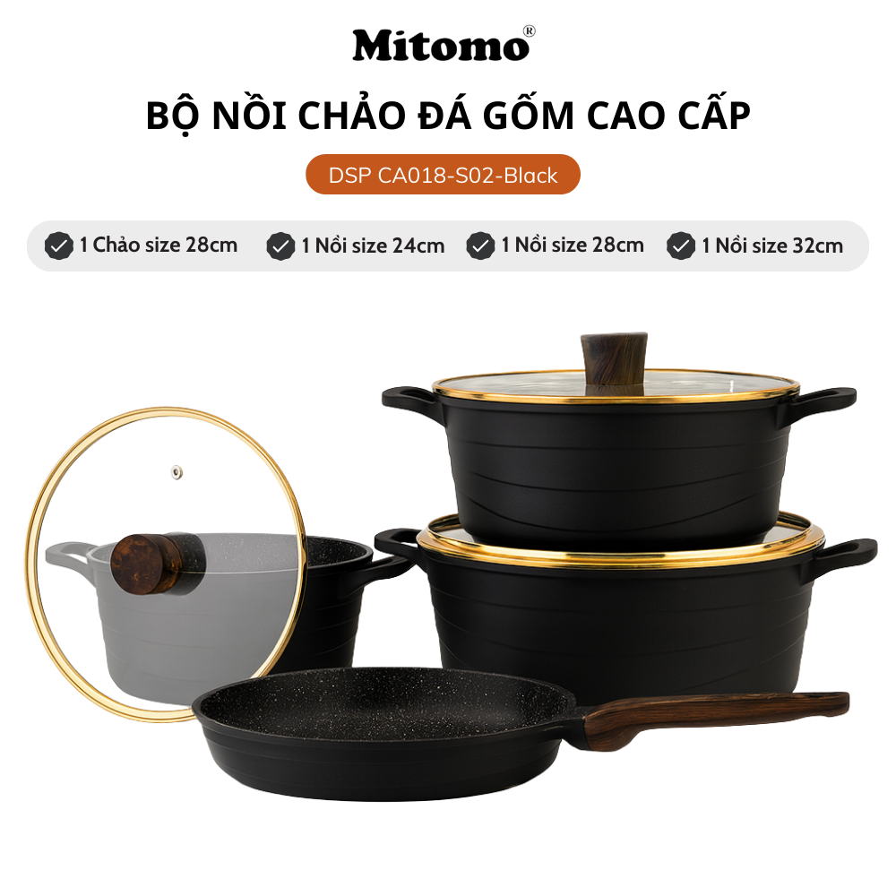 Bộ nồi chảo đá gốm cao cấp Mitomo DSP CA018-S02-Black