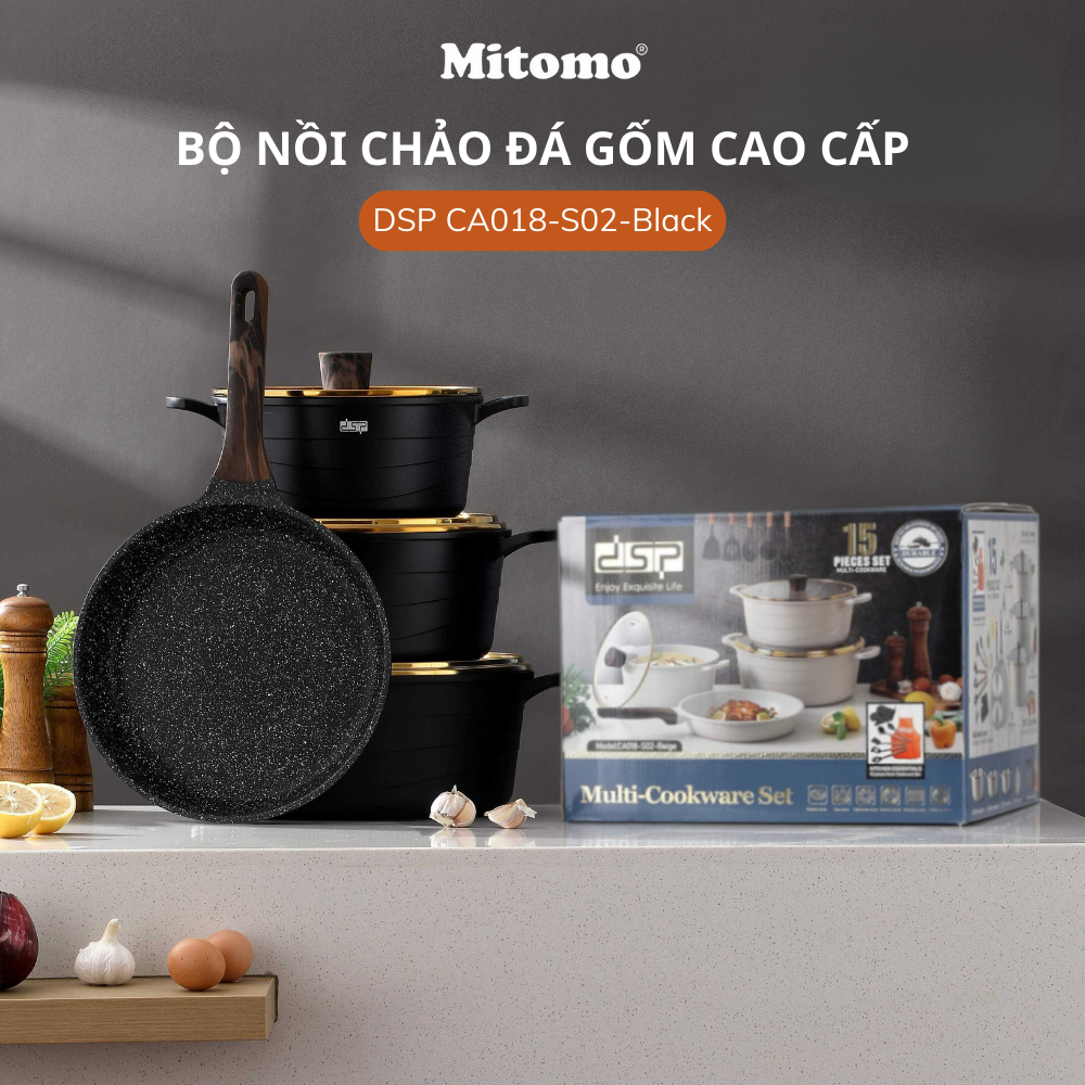 Bộ nồi chảo đá gốm cao cấp Mitomo DSP CA018-S02-Black